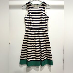 Eliza J Fit and Flare A-Line Navy Blue and White Stripe Dress with Green Hem